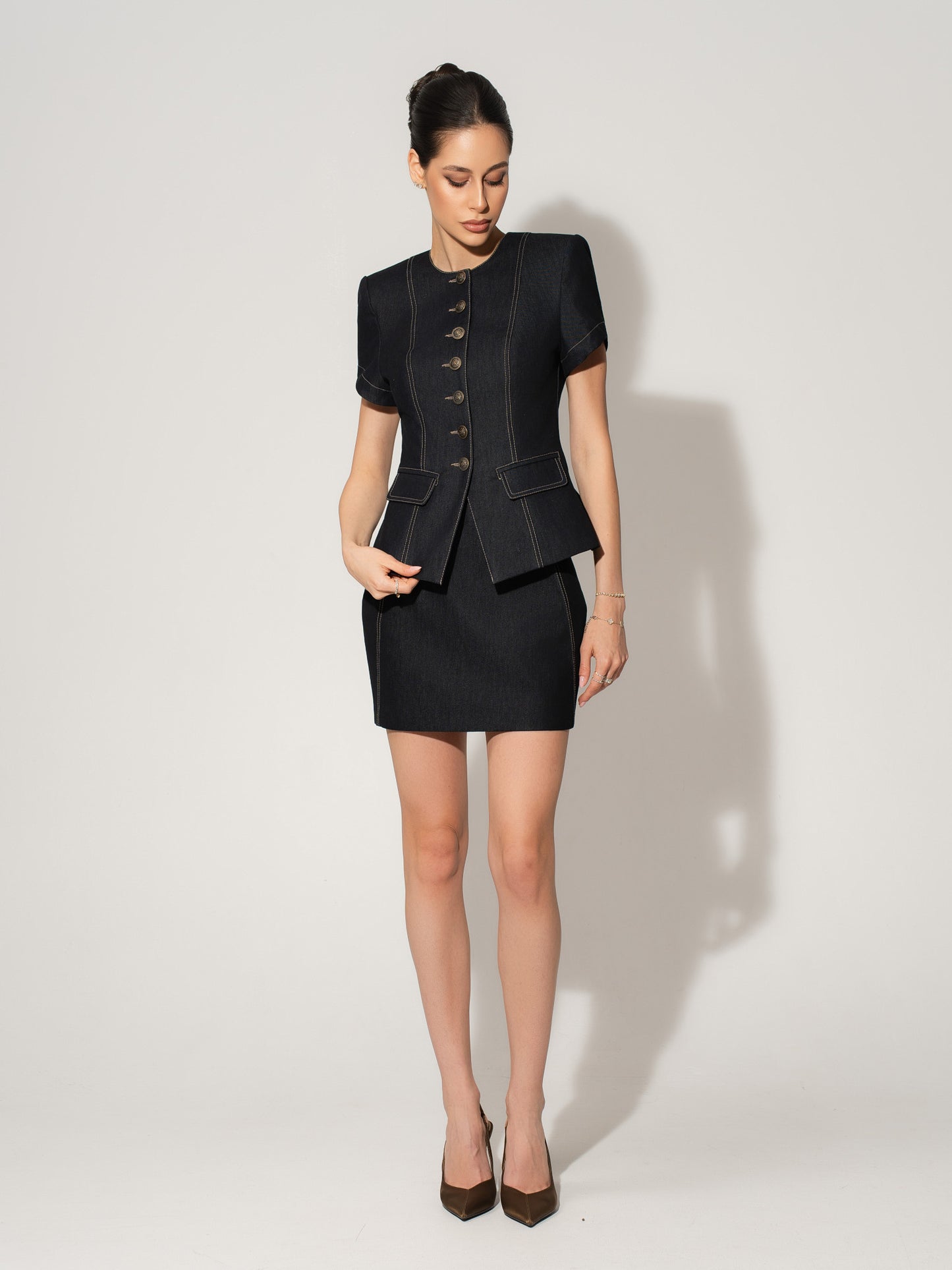 Short Sleeves Denim Blazer - Black