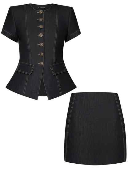Short Sleeves Denim Blazer & Skirt Set - Black