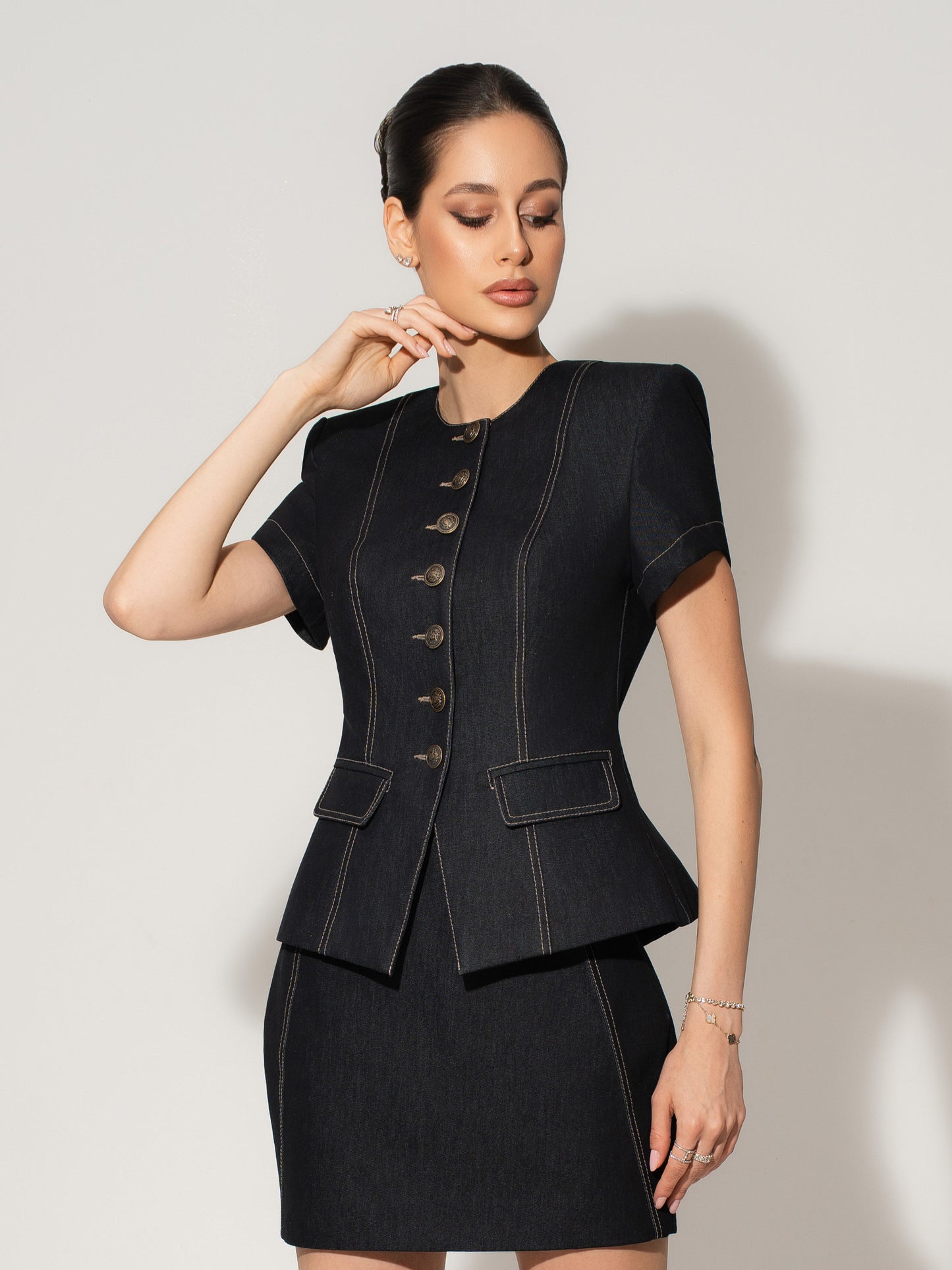 Short Sleeves Denim Blazer & Skirt Set - Black