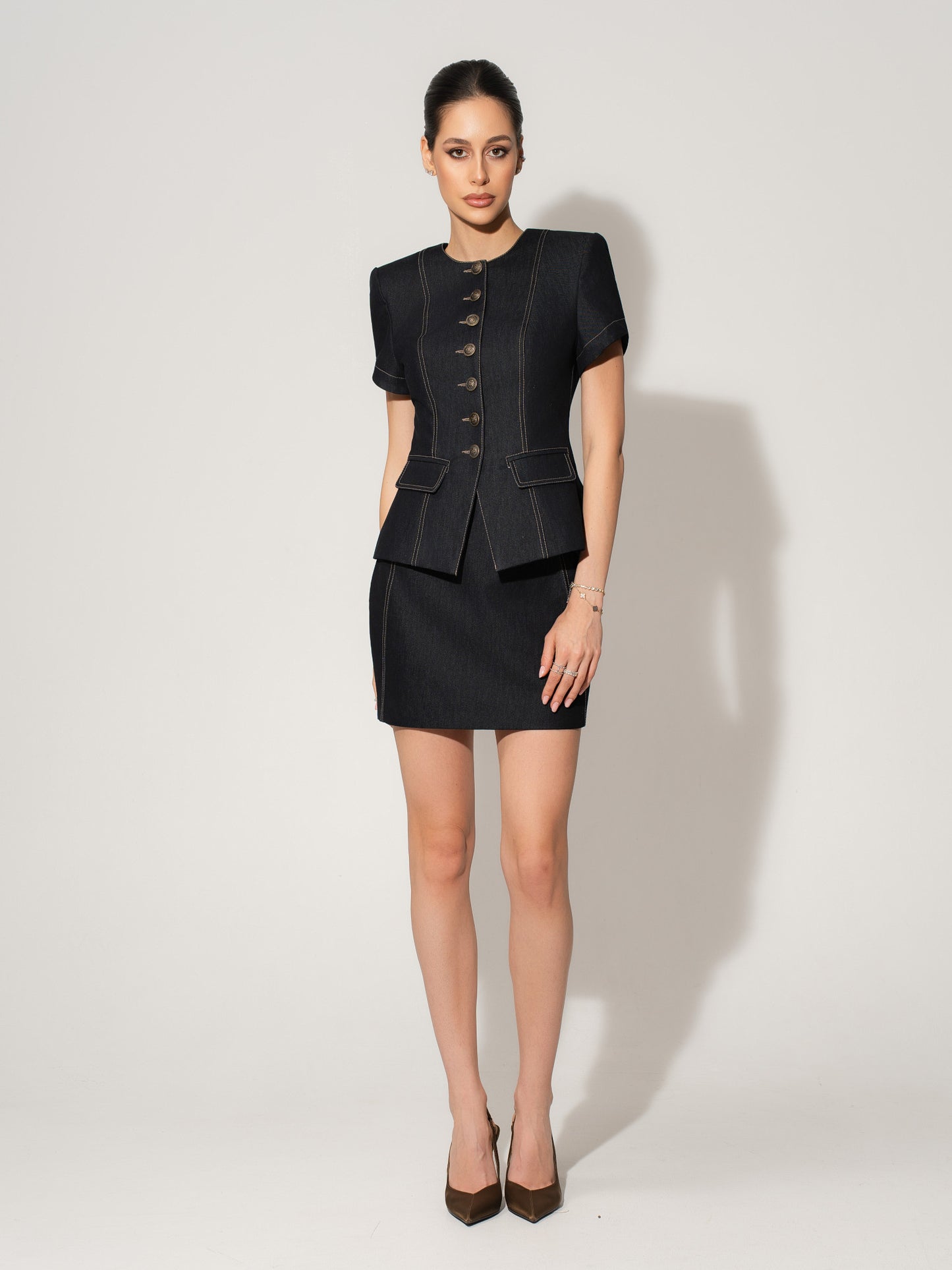 Short Sleeves Denim Blazer & Skirt Set - Black