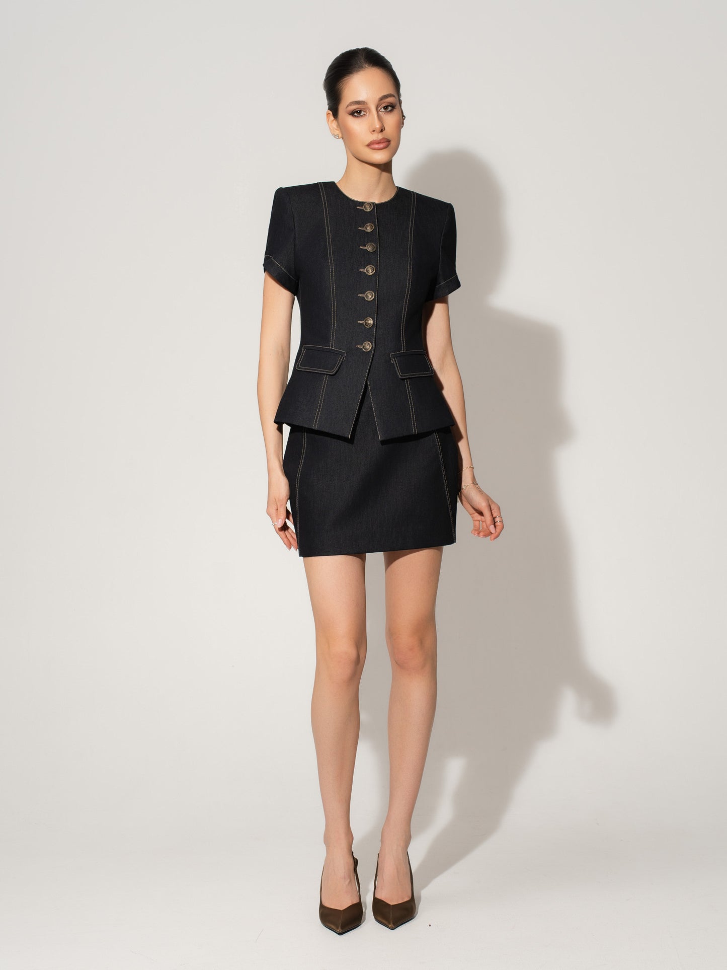 Short Sleeves Denim Blazer & Skirt Set - Black
