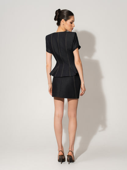 Short Sleeves Denim Blazer & Skirt Set - Black