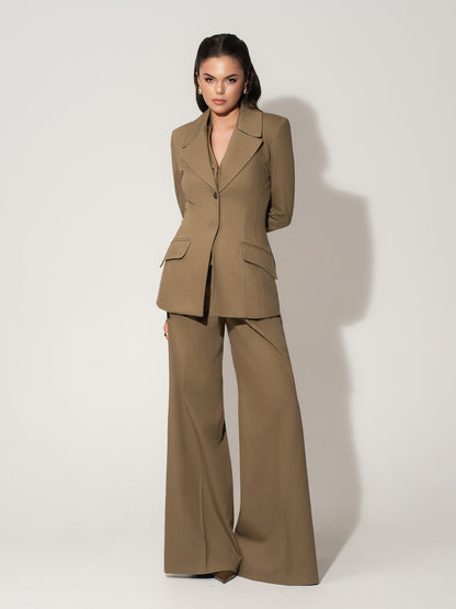 Single-Breasted Blazer & Trousers Linen Set - Green