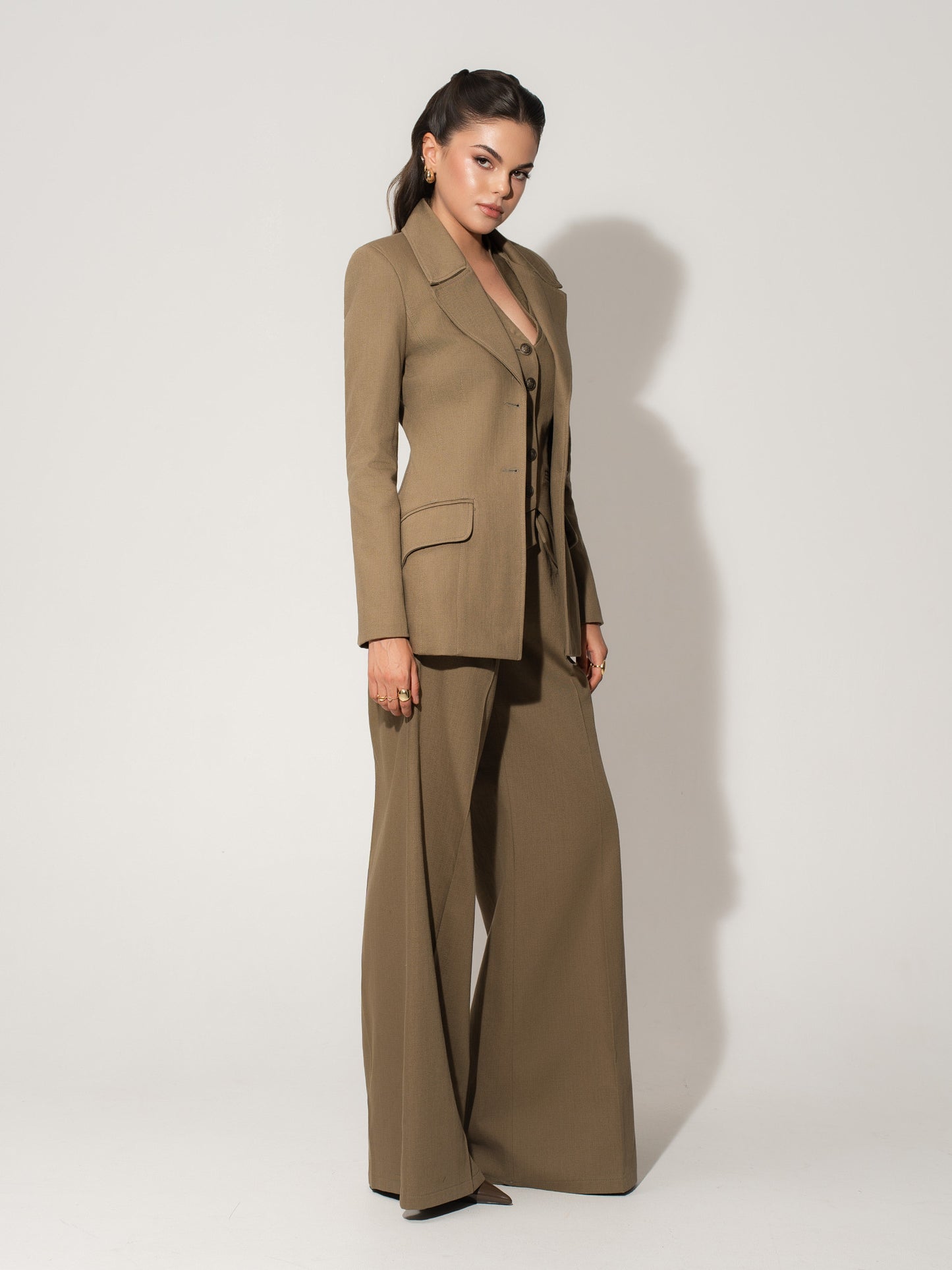 Single-Breasted Blazer & Trousers Linen Set - Green