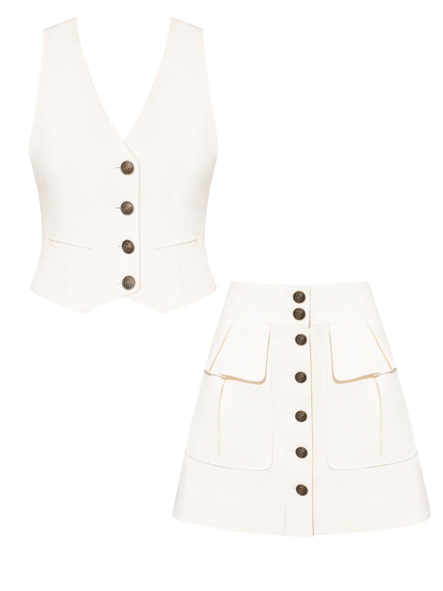 Single-Breasted Vest & Cargo Mini Skirt Linen Set