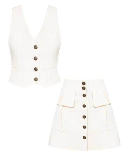 Single-Breasted Vest & Cargo Mini Skirt Linen Set