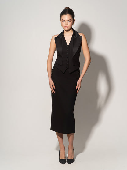 Single-Breasted Waistcoat & Skirt Set - Black