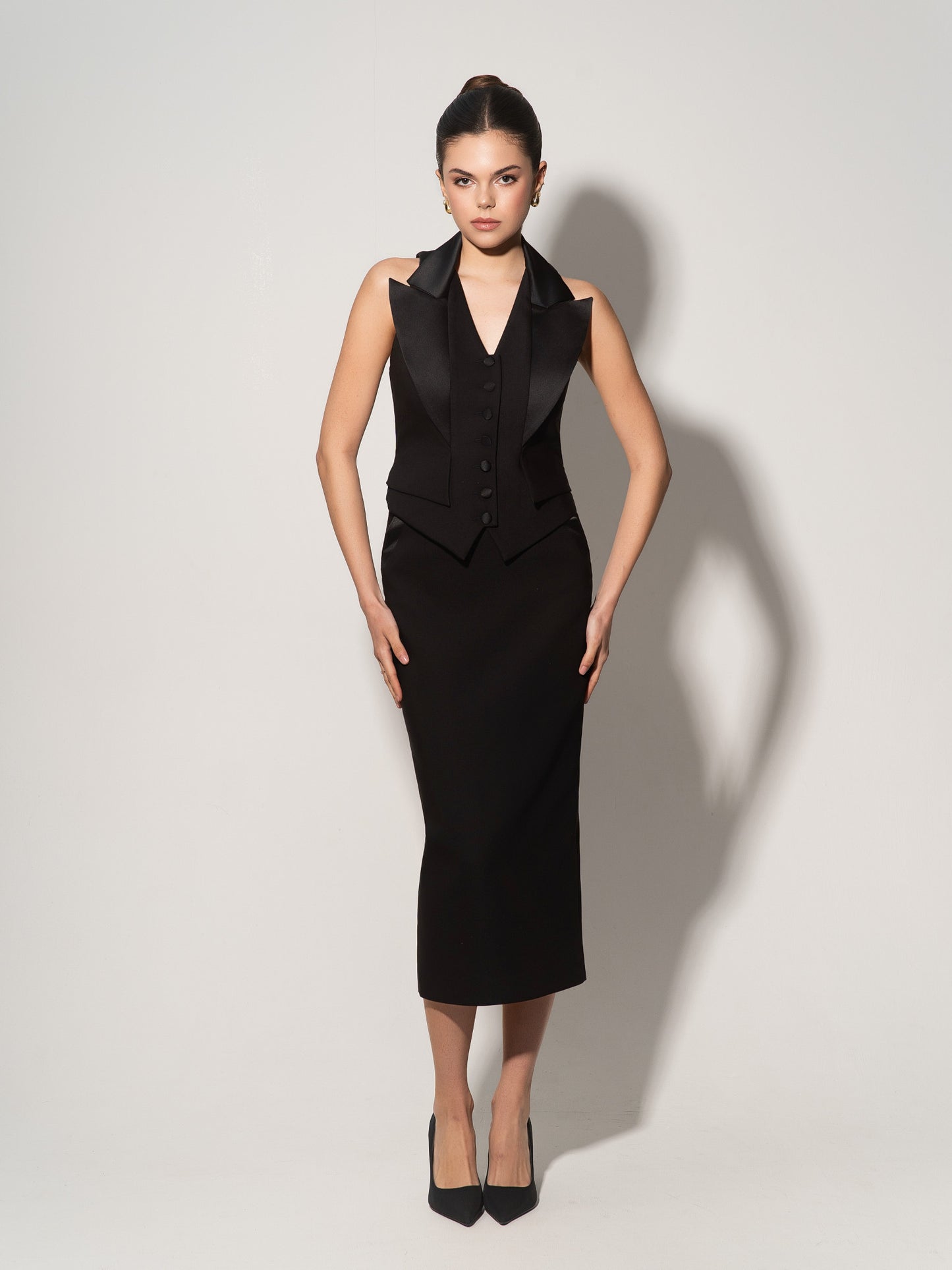 Single-Breasted Waistcoat & Skirt Set - Black