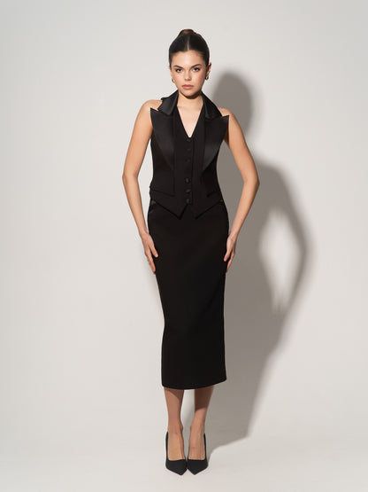 Single-Breasted Waistcoat & Skirt Set - Black