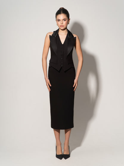 Single-Breasted Waistcoat & Skirt Set - Black