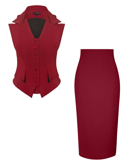 Single-Breasted Waistcoat & Skirt Set - Burgundy
