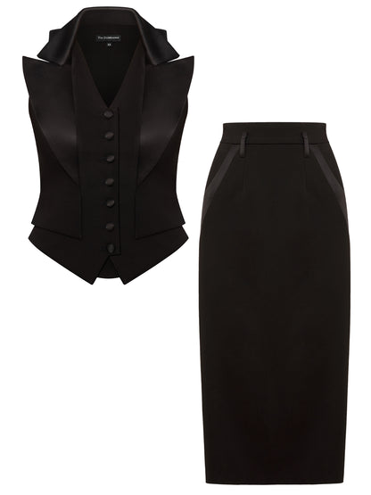 Single-Breasted Waistcoat & Skirt Set - Black