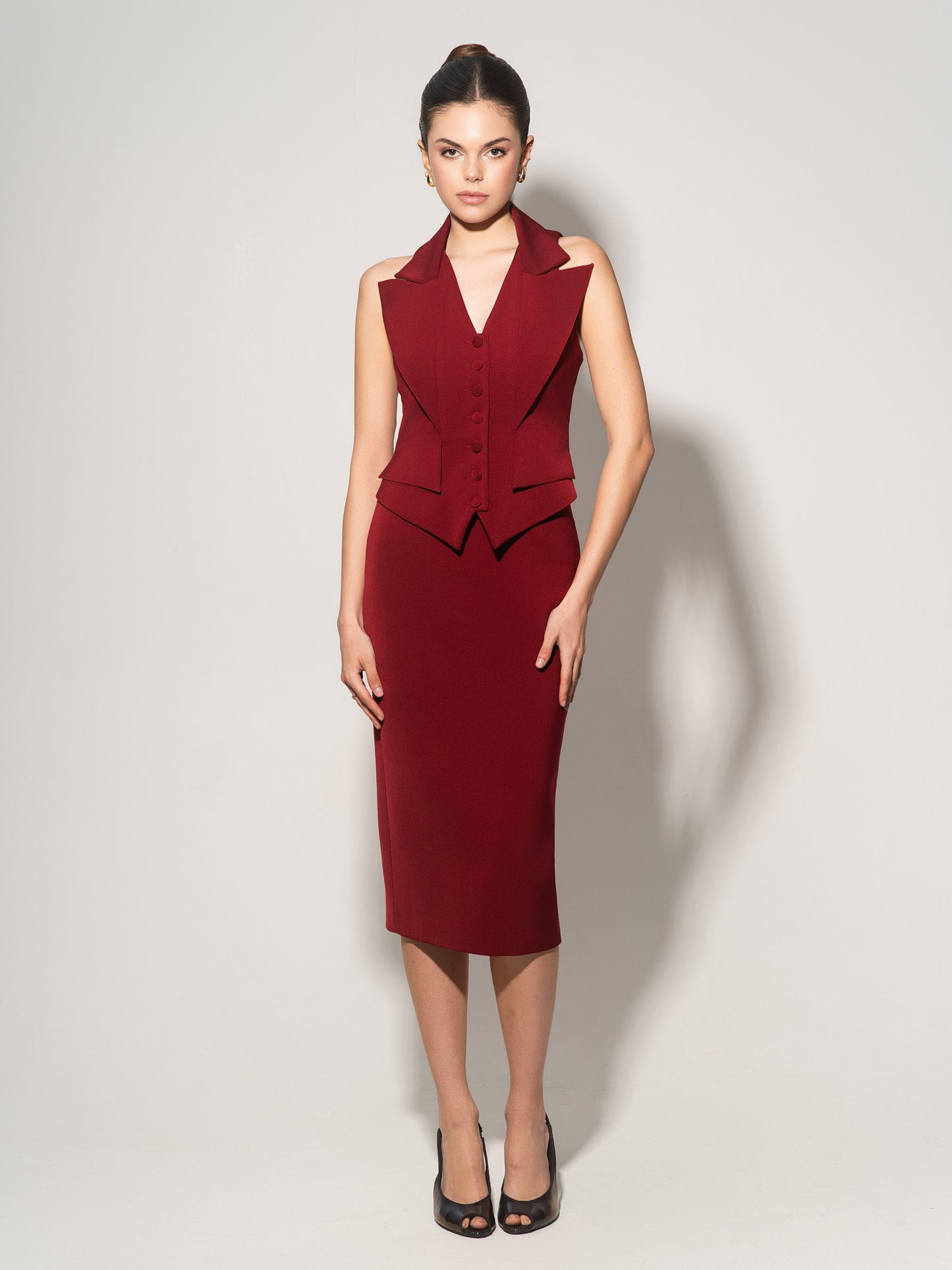 Single-Breasted Waistcoat & Skirt Set - Burgundy
