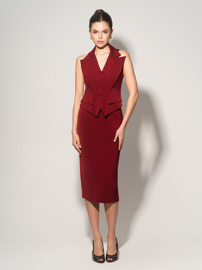 Single-Breasted Waistcoat & Skirt Set - Burgundy