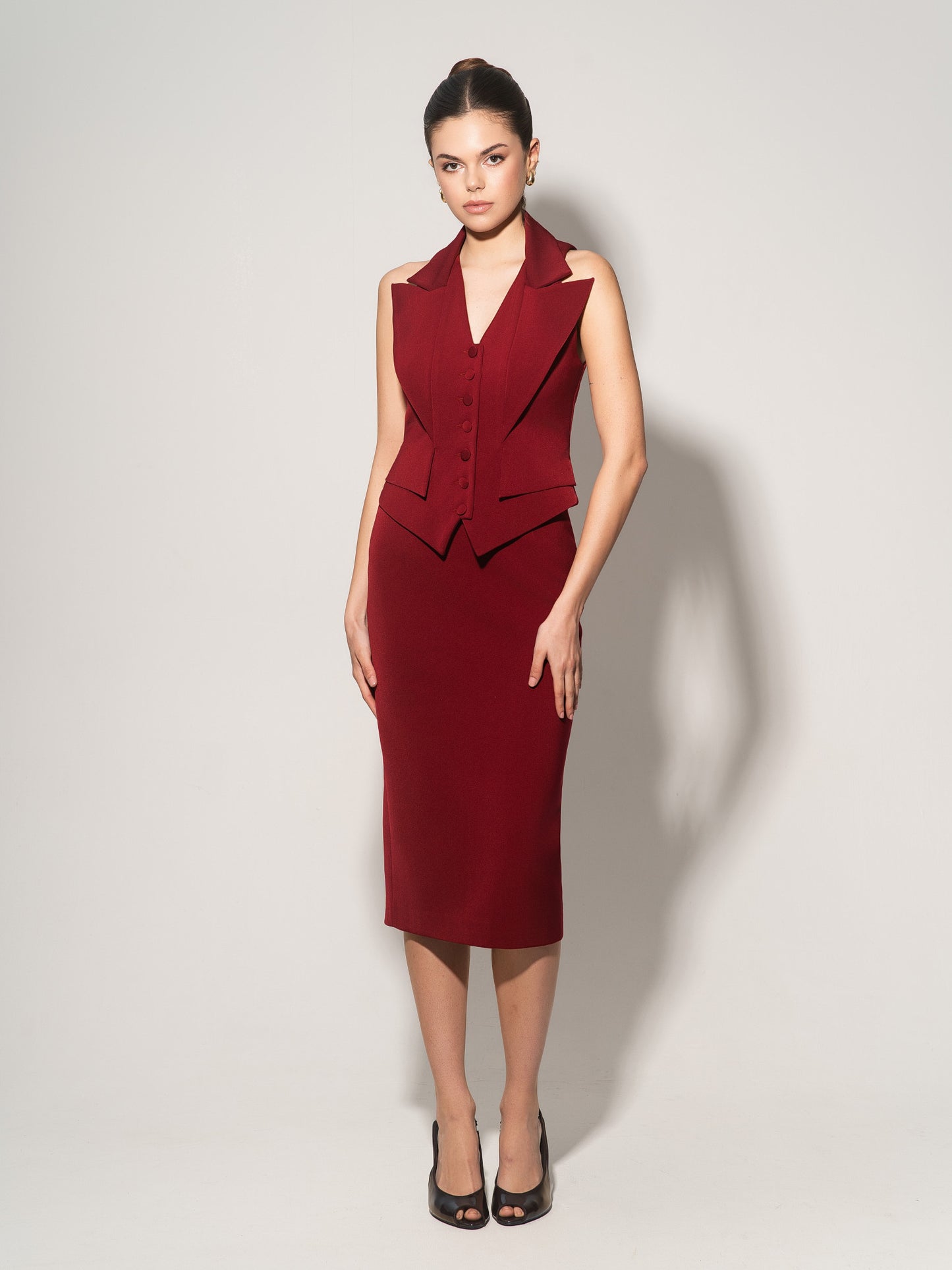 Single-Breasted Waistcoat & Skirt Set - Burgundy