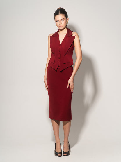 Single-Breasted Waistcoat & Skirt Set - Burgundy