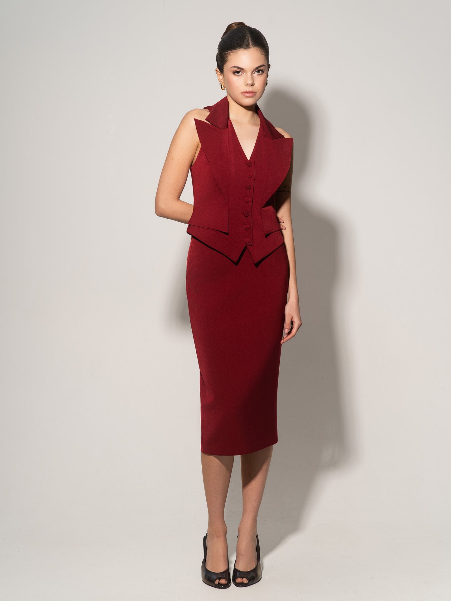 Single-Breasted Waistcoat & Skirt Set - Burgundy