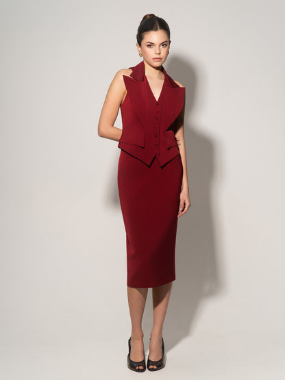 Single-Breasted Waistcoat & Skirt Set - Burgundy