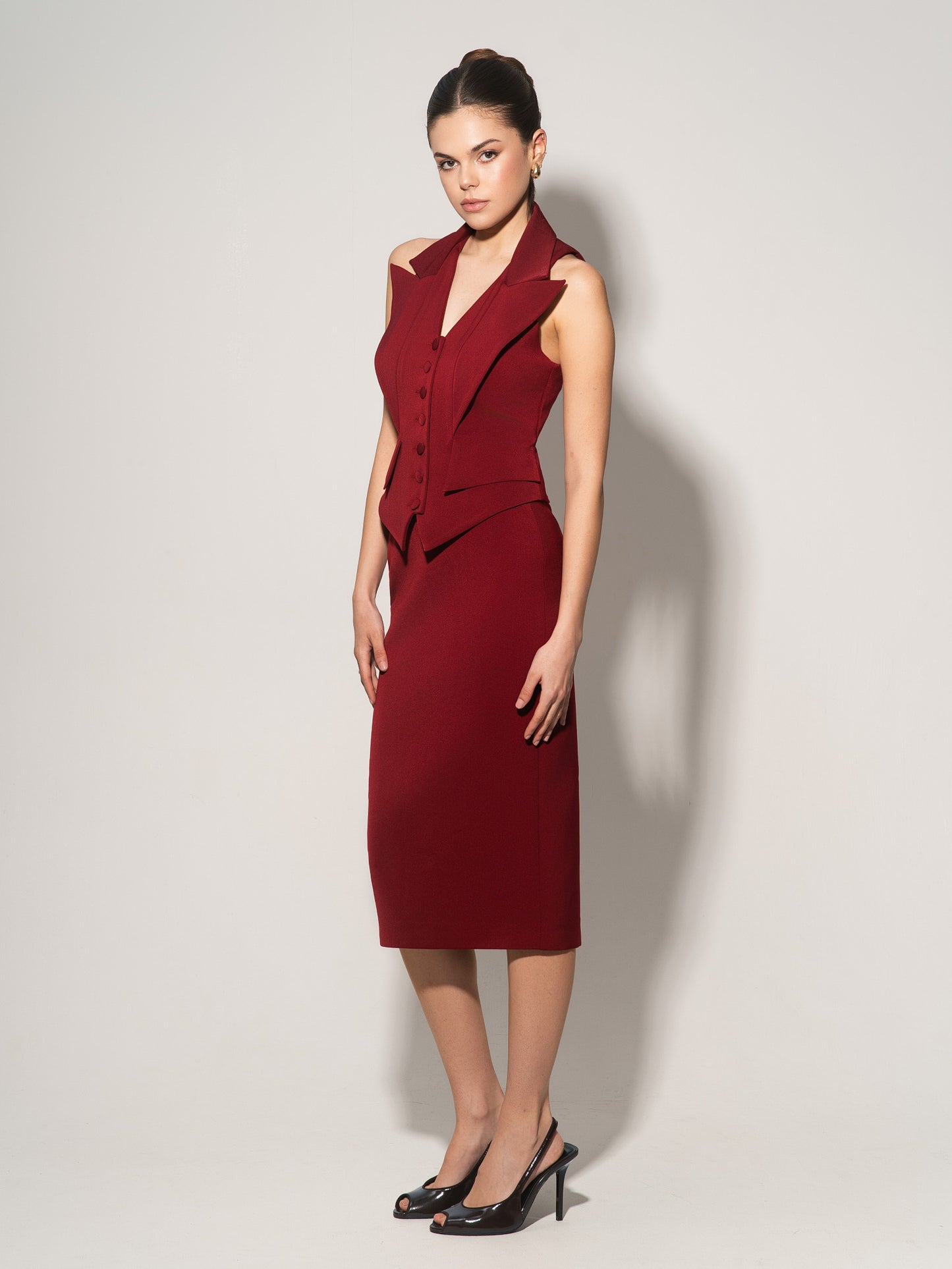 Single-Breasted Waistcoat & Skirt Set - Burgundy