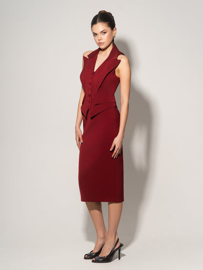 Single-Breasted Waistcoat & Skirt Set - Burgundy