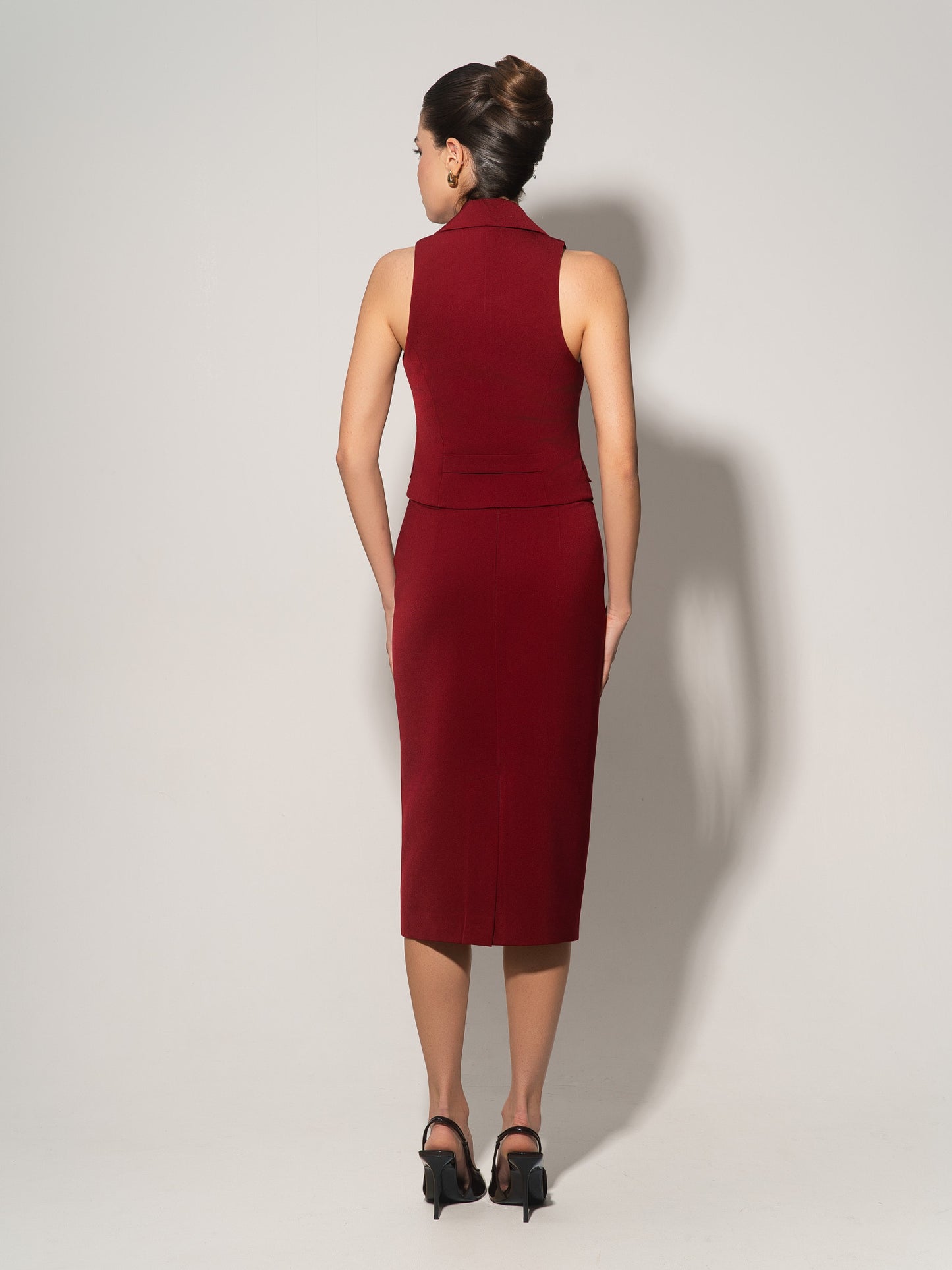 Single-Breasted Waistcoat & Skirt Set - Burgundy