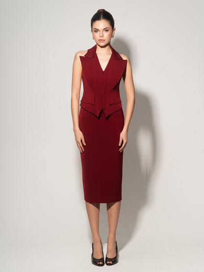 Single-Breasted Waistcoat & Skirt Set - Burgundy