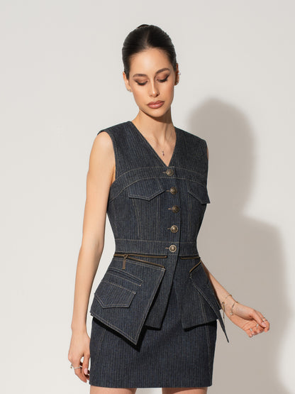Sleeveless Denim Top Vest - Blue