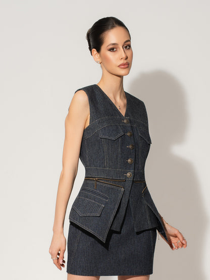 Sleeveless Denim Top Vest - Blue