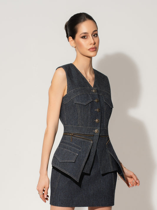 Sleeveless Denim Top Vest - Pinstripe Blue