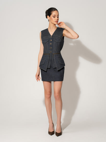 Sleeveless Denim Top Vest - Blue