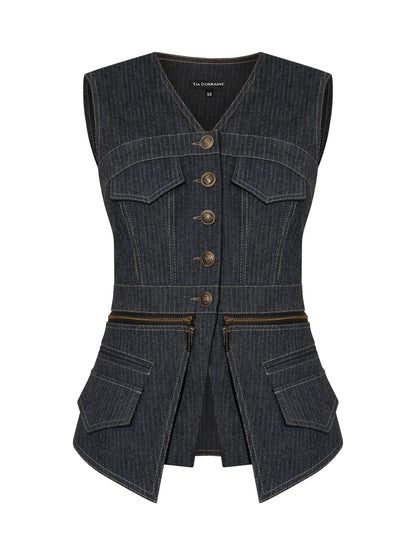 Sleeveless Denim Top Vest - Blue