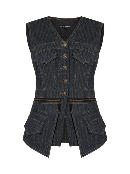 Sleeveless Denim Top Vest - Pinstripe Blue