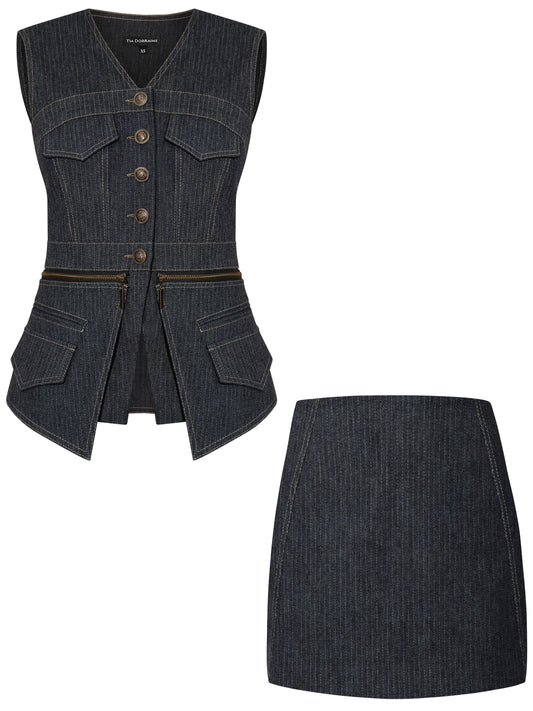 Sleeveless Denim Top Vest & Skirt Set - Pinstripe Blue