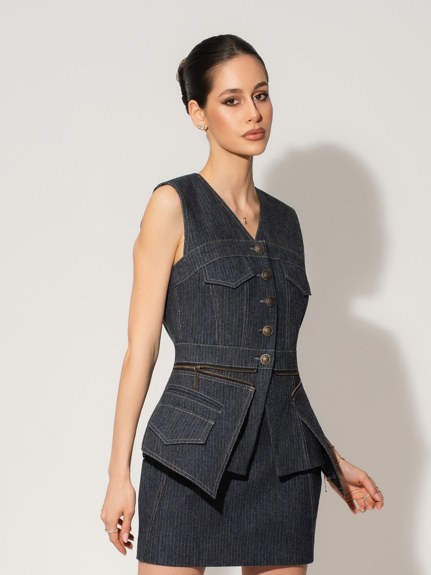 Sleeveless Denim Top Vest & Skirt Set - Blue
