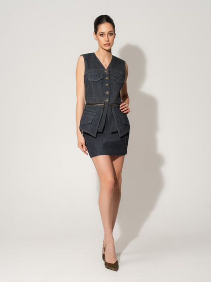 Sleeveless Denim Top Vest & Skirt Set - Blue