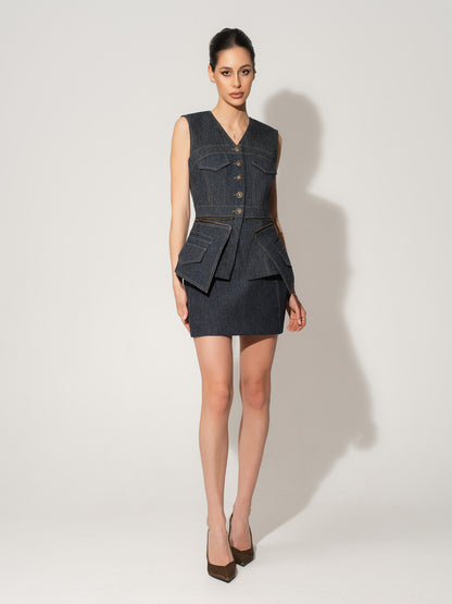 Sleeveless Denim Top Vest & Skirt Set - Blue