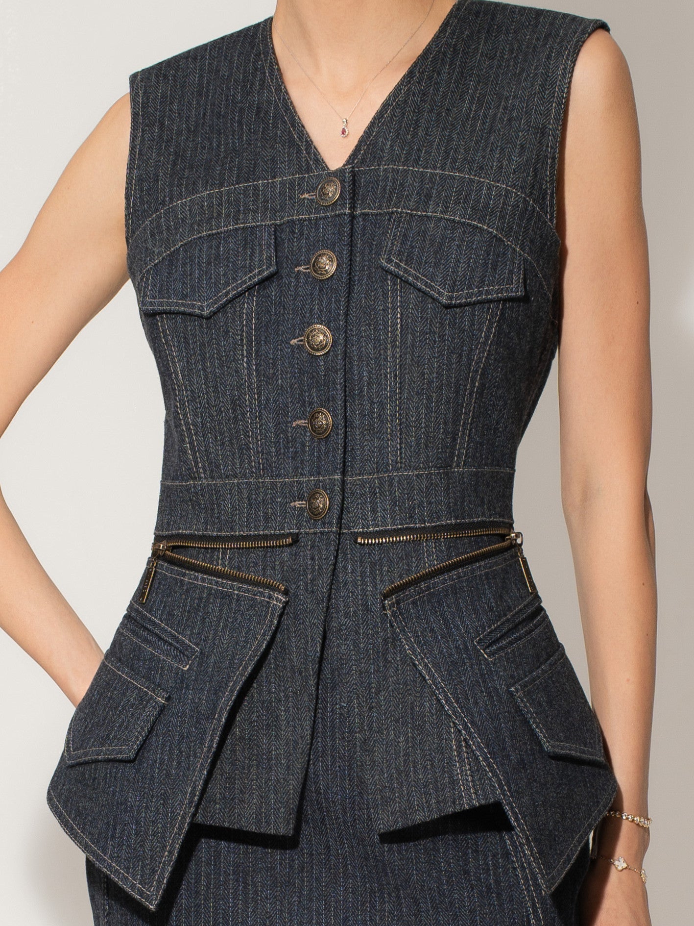 Sleeveless Denim Top Vest & Skirt Set - Blue