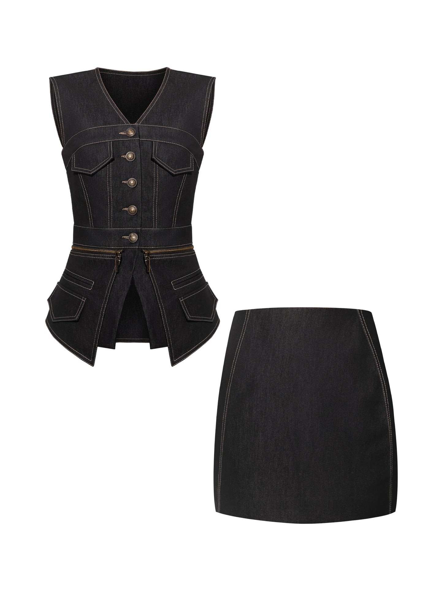 Sleeveless Denim Top Vest & Skirt Set