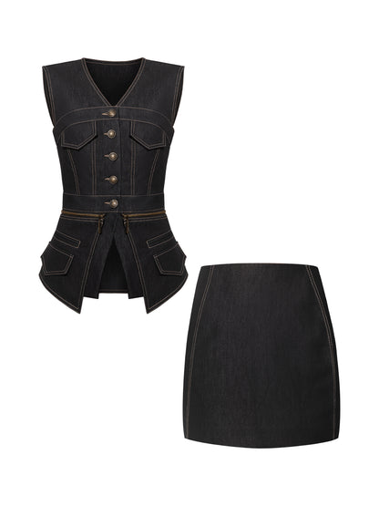 Sleeveless Denim Top Vest & Skirt Set