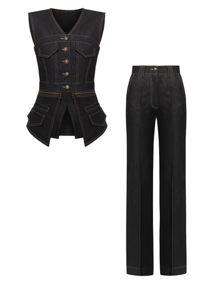 Sleeveless Denim Top Vest & Trousers Set