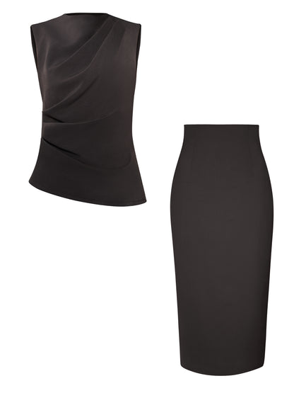 Sleeveless Pleated Top & Midi Skirt Set - Grey