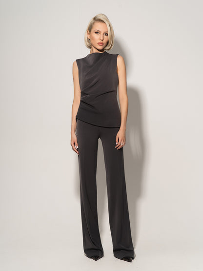 Sleeveless Pleated Top & Trousers Set - Grey