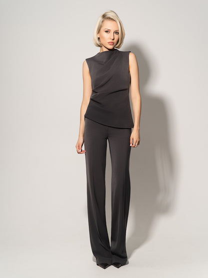 Sleeveless Pleated Top & Trousers Set - Grey