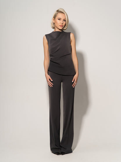 Sleeveless Pleated Top & Trousers Set - Grey