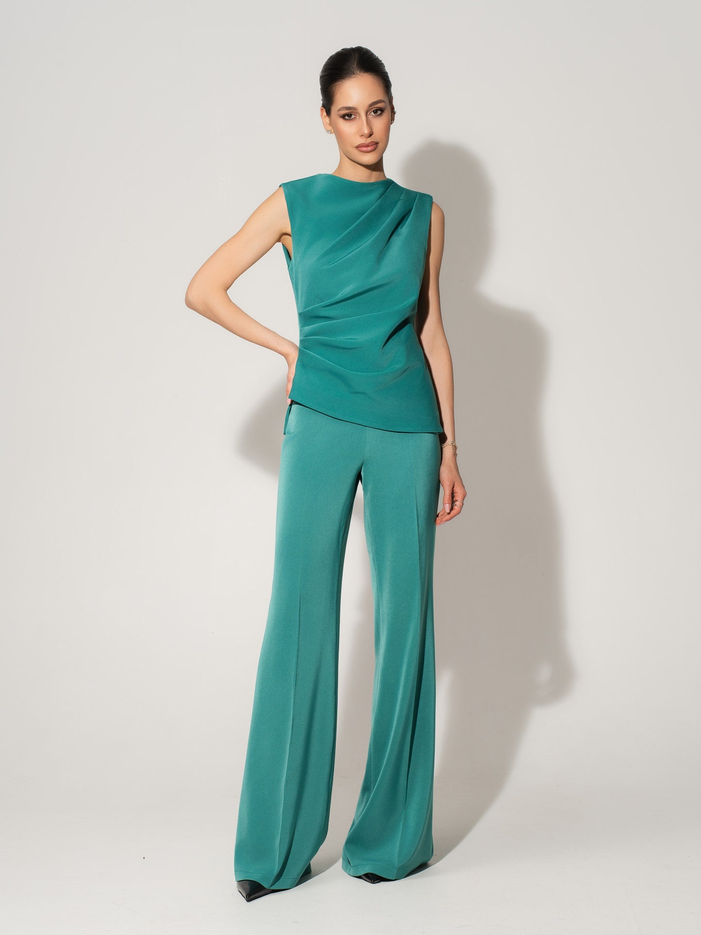 Sleeveless Pleated Top & Trousers Set - Turquoise