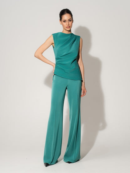 Sleeveless Pleated Top & Trousers Set - Turquoise