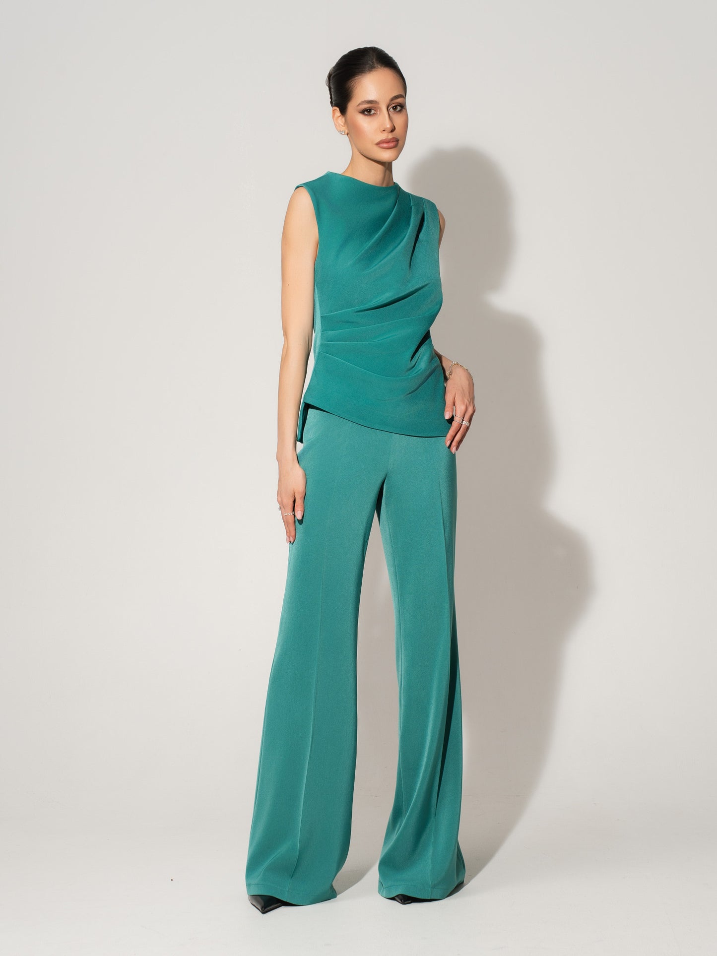 Sleeveless Pleated Top & Trousers Set - Turquoise