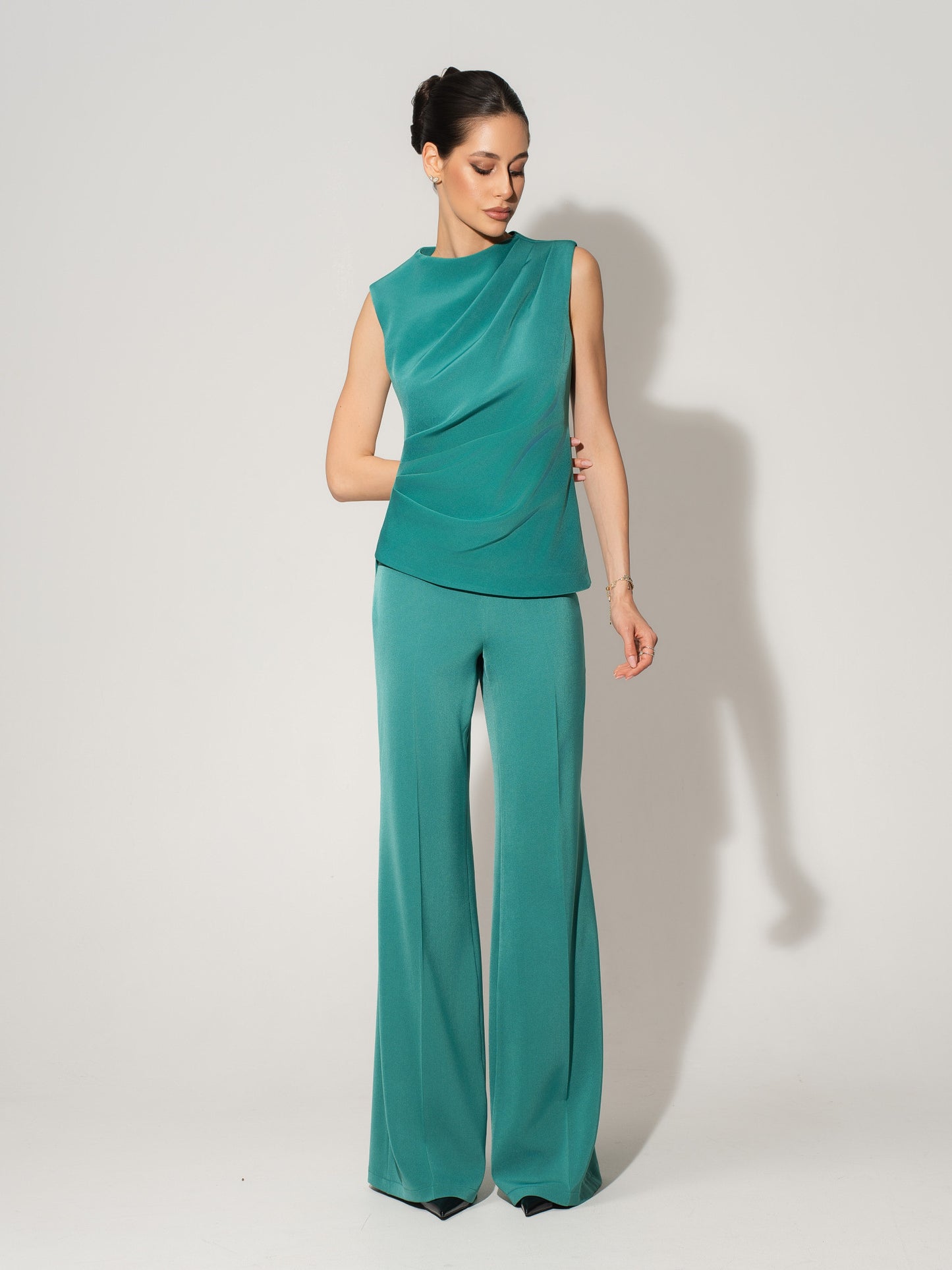 Sleeveless Pleated Top & Trousers Set - Turquoise