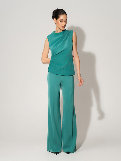 Sleeveless Pleated Top & Trousers Set - Turquoise