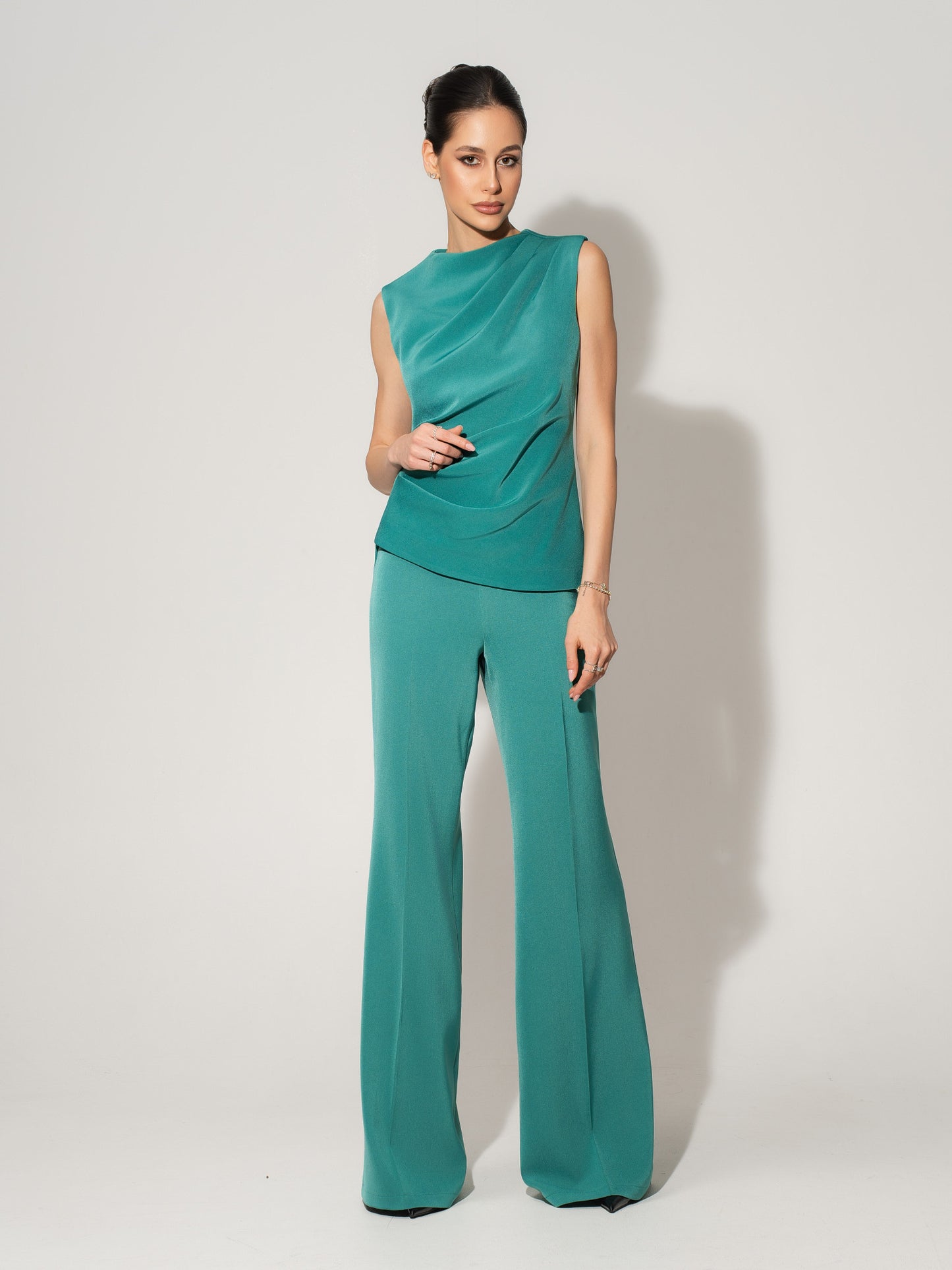 Sleeveless Pleated Top & Trousers Set - Turquoise